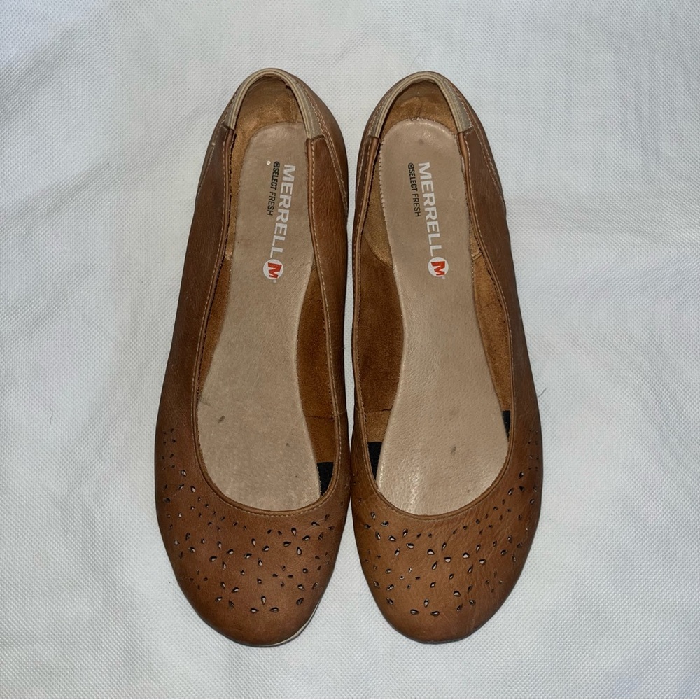 Merrell sz 9.5 Tan Camel Mimix Haze Leather Ballet Flats Shoes Perforated Comfy